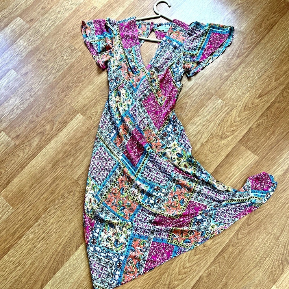 NWT Emma & Michele Patchwork Midi Dress‎ Sz S V-Neck Flutter Sleeve Boho Prairie